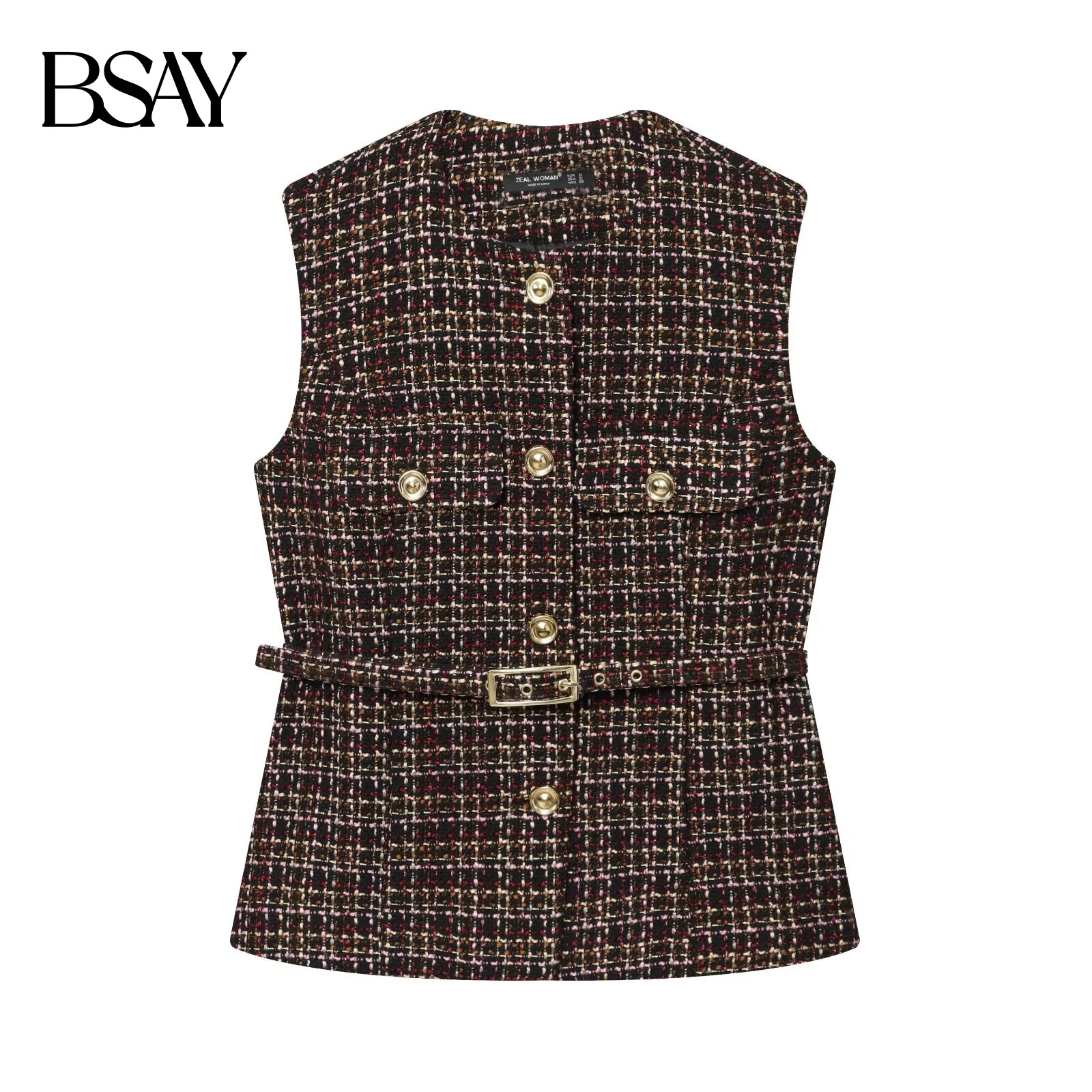 

BSAY Autumn New Product Women's Wear 2025 French Gold Plated Button Decoration Round Neck Sleeveless with Belt Texture Tank Top
