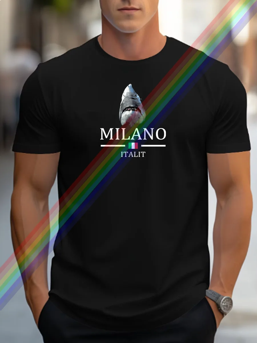 

2024 summer new men's Milan Shark pattern letter print T-shirt pure cotton round neck fashion leisure luxury high-end high quali