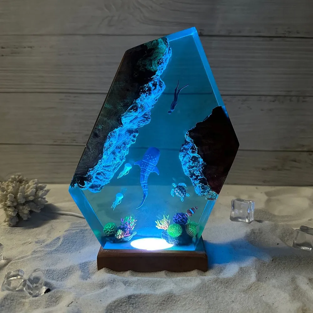 Ocean Resin Night Light with Turtle & Shark, Wooden Base Marine Life Lamp, Diver Sculpture Gift for Family, Christmas Home Decor