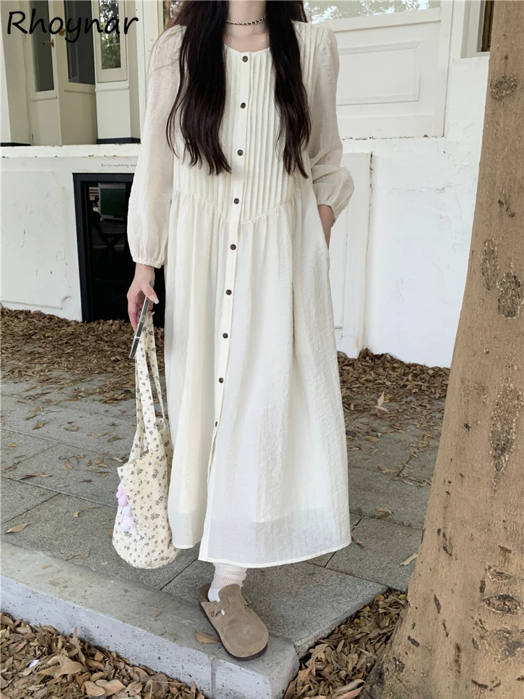 Korean Style Long Sleeve Dresses Women Autumn Sweet Girls Baggy Cozy Pleated A-line Single Breasted Design High Waist Solid Chic