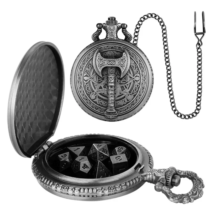Vintage Axe Design Pocket Watch Case Pendant Chain with 7pcs Tiny Polyhedral Metal Dice Set Table Role Play Gaming Dices