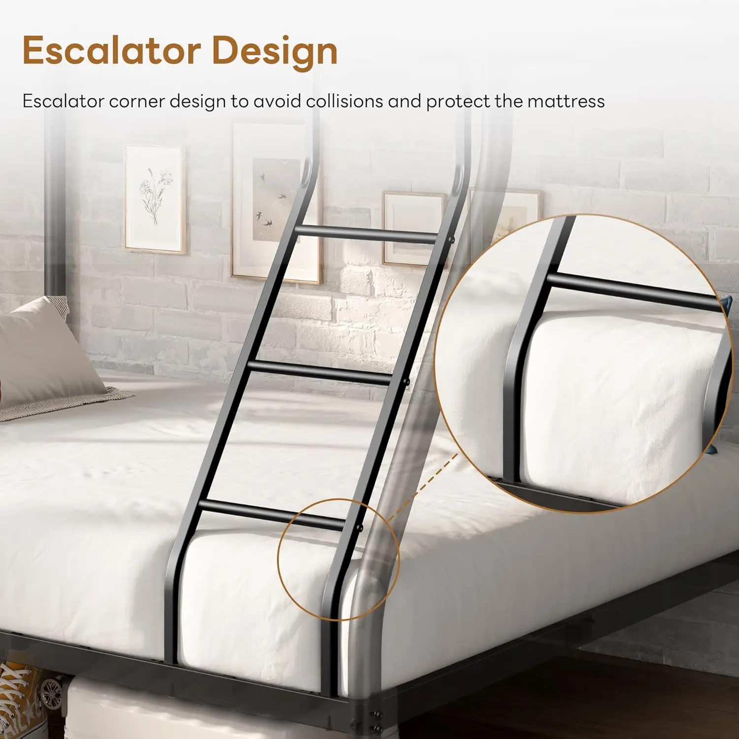 سرير معدني بطابقين مزدوج الحجم بالكامل مع سلم ودرابزين، إطار سرير معدني للمراهقين والكبار، موفر للمساحة، لا حاجة إلى صندوق زنبركي