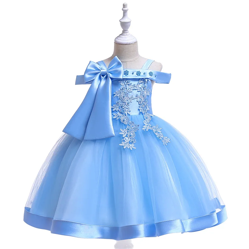 New Girls' Dresses Kids Summer Big Bow Gown Beaded Flowers Princess Tulle Dress Children Wedding Birthday Elegant Party Clothes