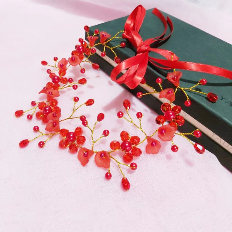 Fashion Crystal Pearl Hair Band Headbands for Women Girls Hand-Woven Wedding Hair Accessories White Red Flower Hairband