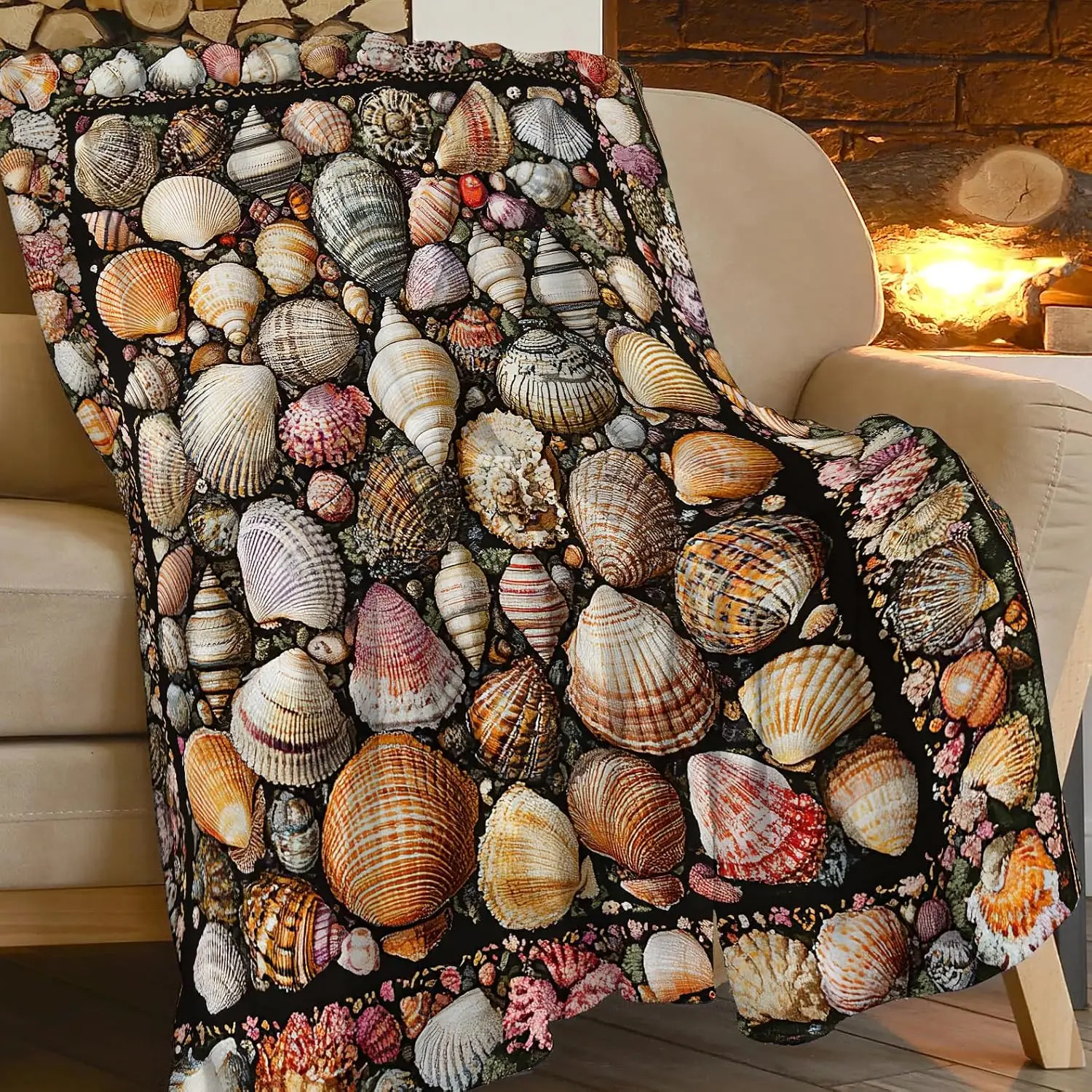 Ultra Soft Flannel Throw Blanket with Beautiful Seashell Pattern Coastal Ocean Beach Theme Plush Couch Cover Sofa Bed Decor Wint