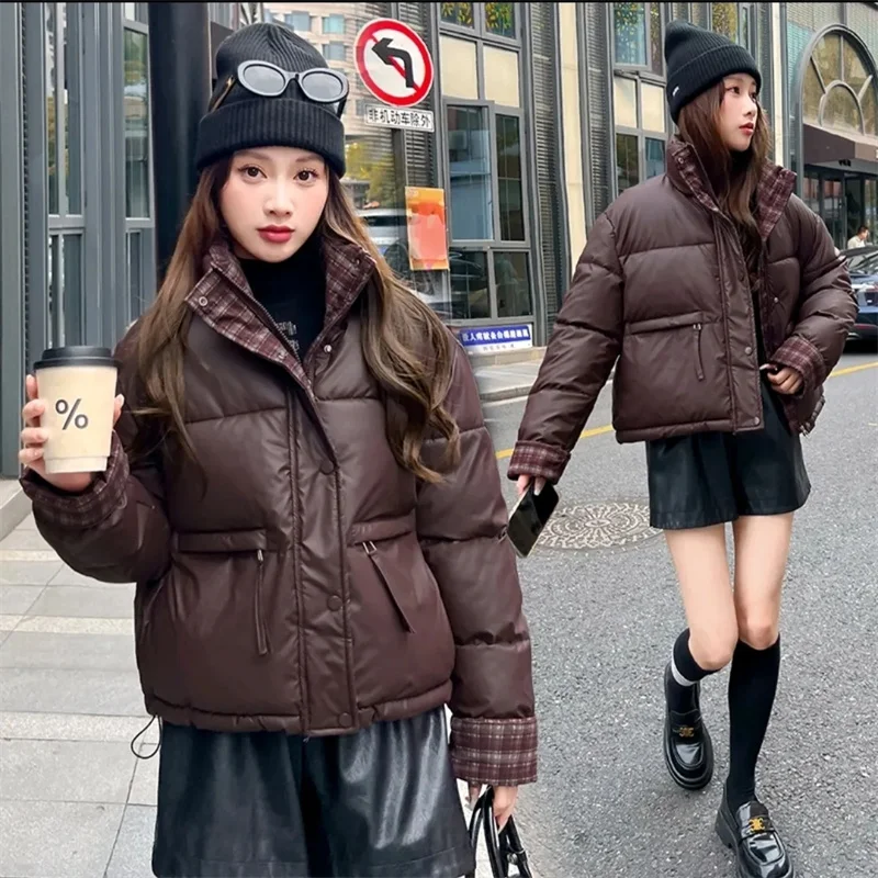 

Disposable PU Leather Down Coat Women Parkas 2025 Winter New Korean Cotton Padded Jacket Short Outwear Plaid Female Overcoat Top