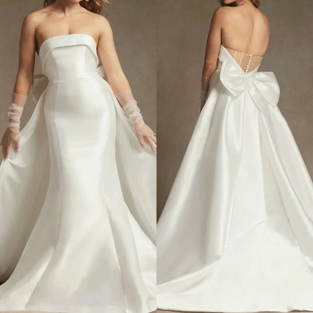 

Customized Charmeuse Pleat Button Bow Strapless Mermaid Floor-length Bespoke Occasion Dresses Woman Elegant Party Wedding