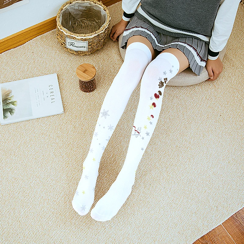 Ladies Sexy Long Tube Knee Stockings Lolita Sweet Star Thigh Nylon Stockings Cosplay Two Dimension Japanese Girl White Socks