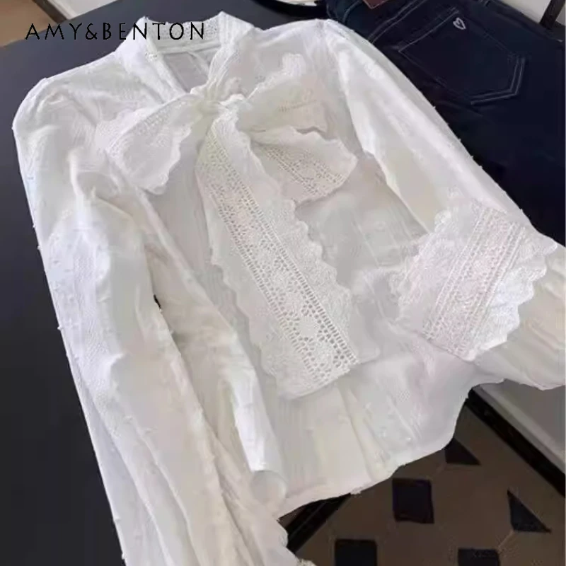 White Lace Trim Tie Bow Women's Shirt 2026 Spring French Design Sweet Temperament Age Reduction Ribbon Long-sleeve Shirts Ladies