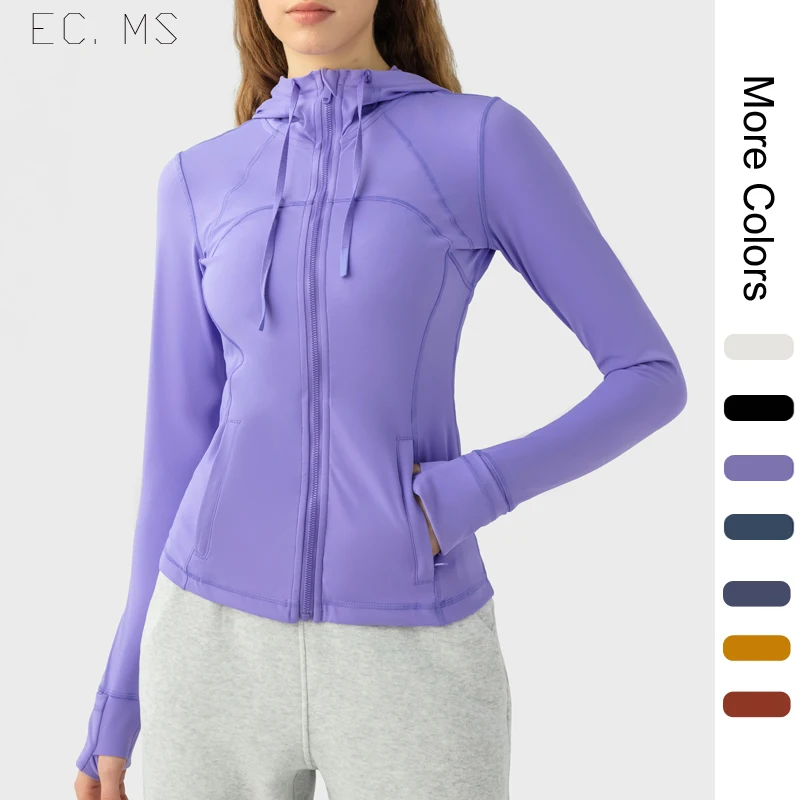 Women Sport Jacket with Thumb Holes Mesh Back Zipper Pockets Pull String Hooded Double Brushed Slim Yoga Running Riding Daily Co