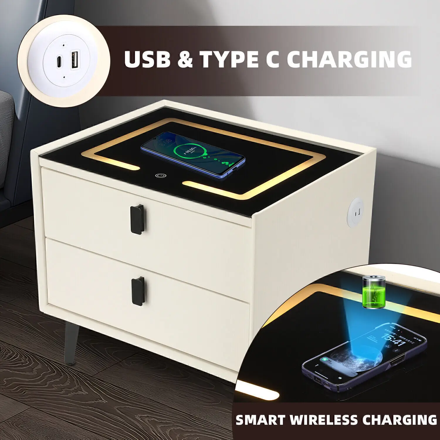 Glow Bedside Table with Wireless Charging & 2 Drawers