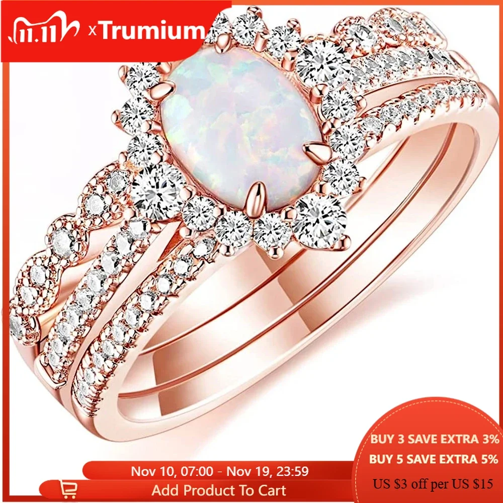 

Trumium 3Pcs Rose Gold Color Stackable Rings 1.5CT Oval Bridal Ring Sets Opal Knuckle Ring Engagement CZ Wedding Band for Women