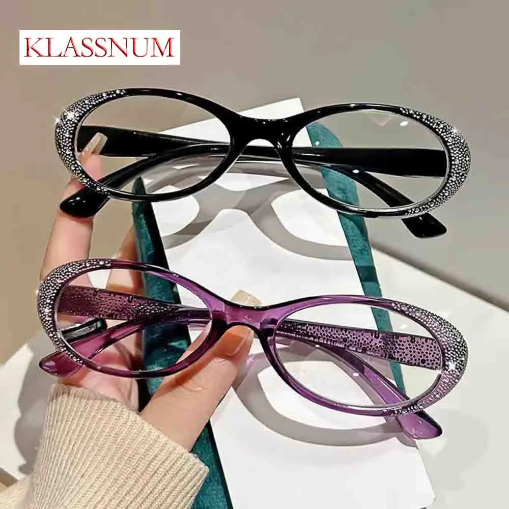 KLASSNUM Luxury Diamond Reading Glasses Women's Trendy Far Sight Eyeglasses for Men Ladies Blue Light Blocking Eyewear 0+1.0+4.0