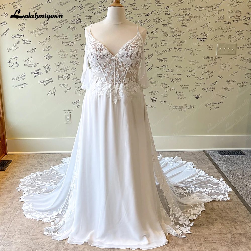 Lakshmigown Spitzen-Chiffon-Brautkleid mit offenem Rücken und V-Ausschnitt für die Braut, maßgeschneidertes Damen-Brautkleid mit Hofschleppe, vestidos de novia par – Detail 5