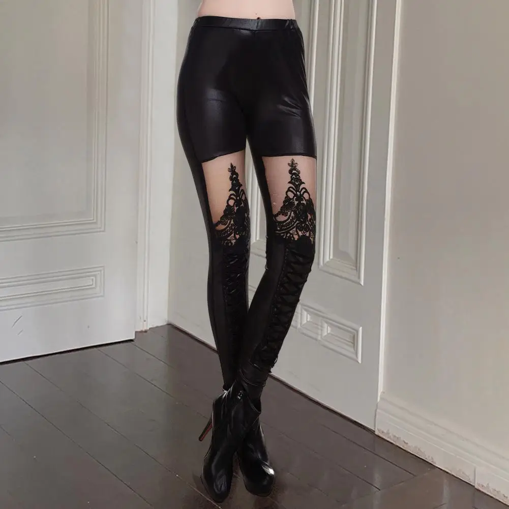 Mid-Rise Elastic Waistband See-through Embroidery Lace Stitching Bandage Faux Leather Pants Sexy High Elasticity Skinny Leggings
