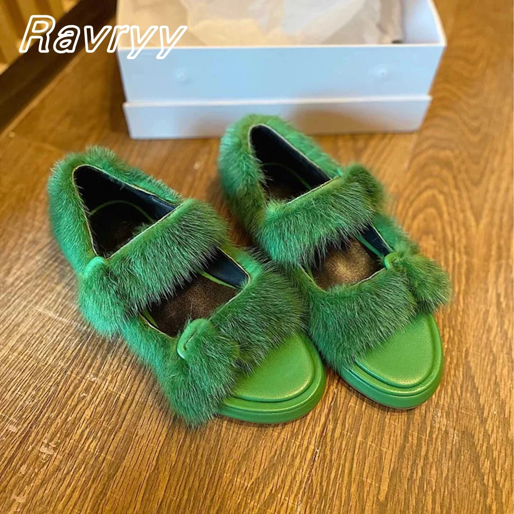 Green Microfiber Leather Short Plush Sandals Round Toe Straight Belt Slip On Flat Shoes Thick Bottom Hollow Belt Buckle Shoes