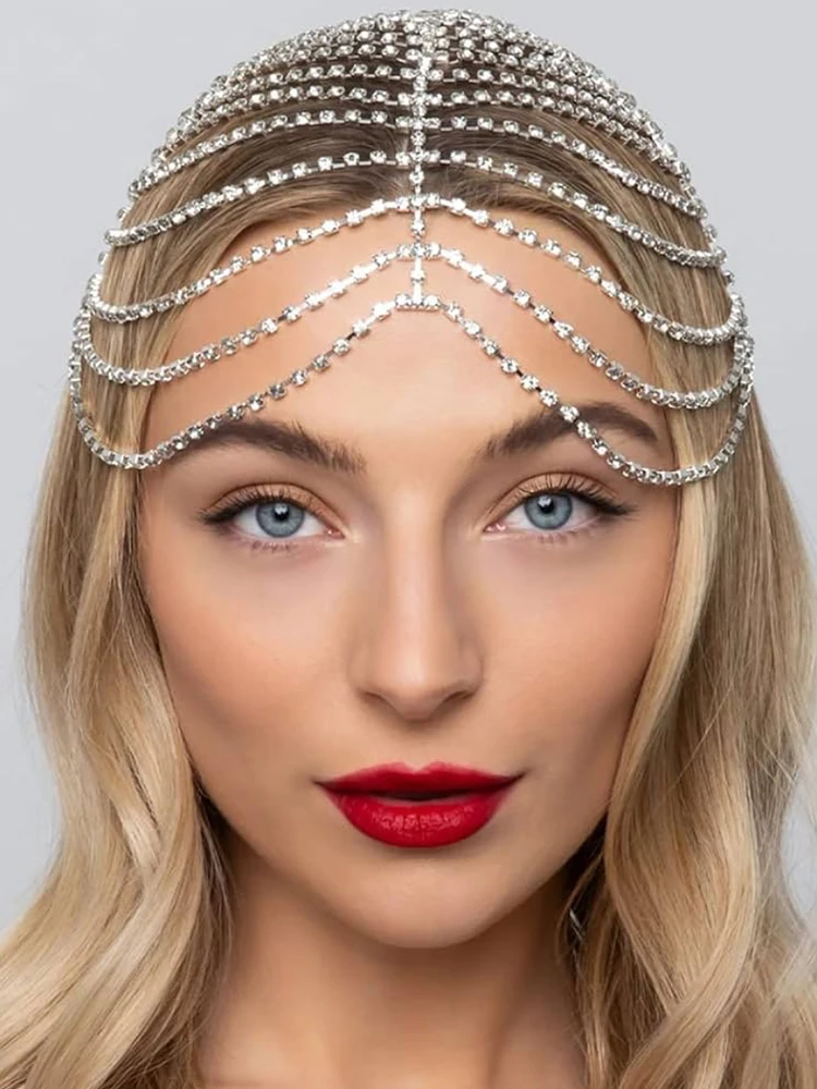 Multi-Layer Crystal Head Hat Chain with Full Rhinestone Coverage Women Elegant Bridal Hairpiece Festival Party Rave Outfit