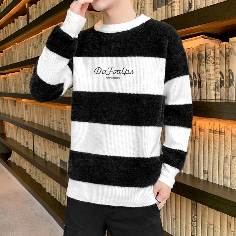 Fashion Sweaters Men's Autumn Stripe Wool Sweaters Slim Fit Men Street Wear Mens Clothes Knitted Sweater Men Pullovers