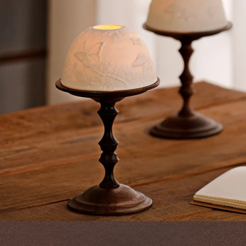 Embossed Forest Table Candlestick Ceramic Dome Shade with Butterfly Mushroom Relief Walnut Wood Base Night Light Decor Gift