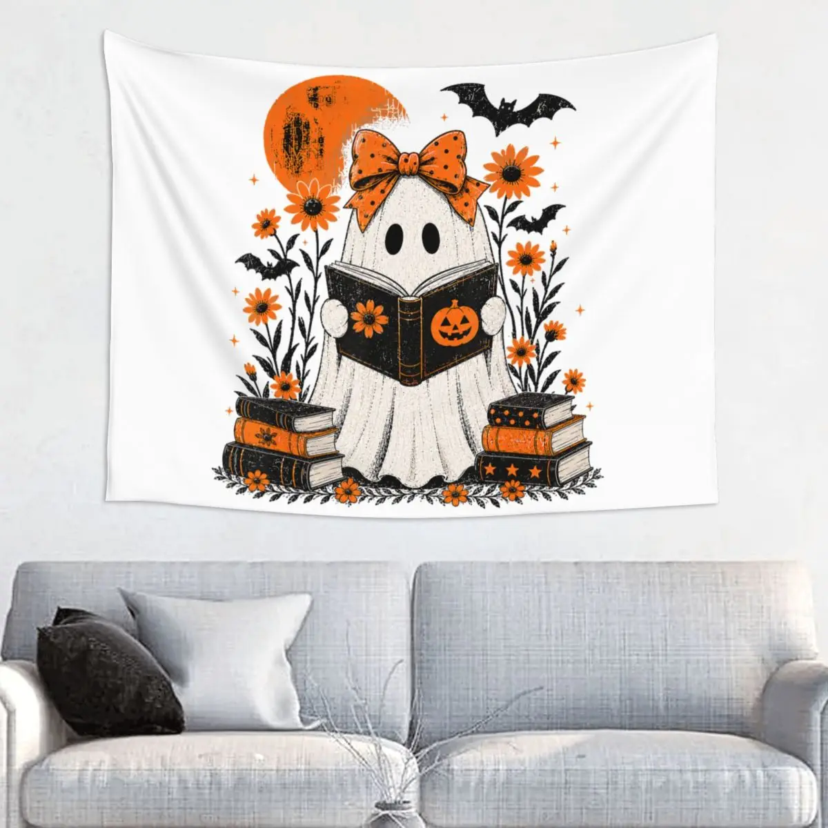 Halloween Ghost Reading Book Tapestry Colorful Fabric Wall Hanging Pumpkin Flowers Room Decor Curtain Witchcraft Blanket