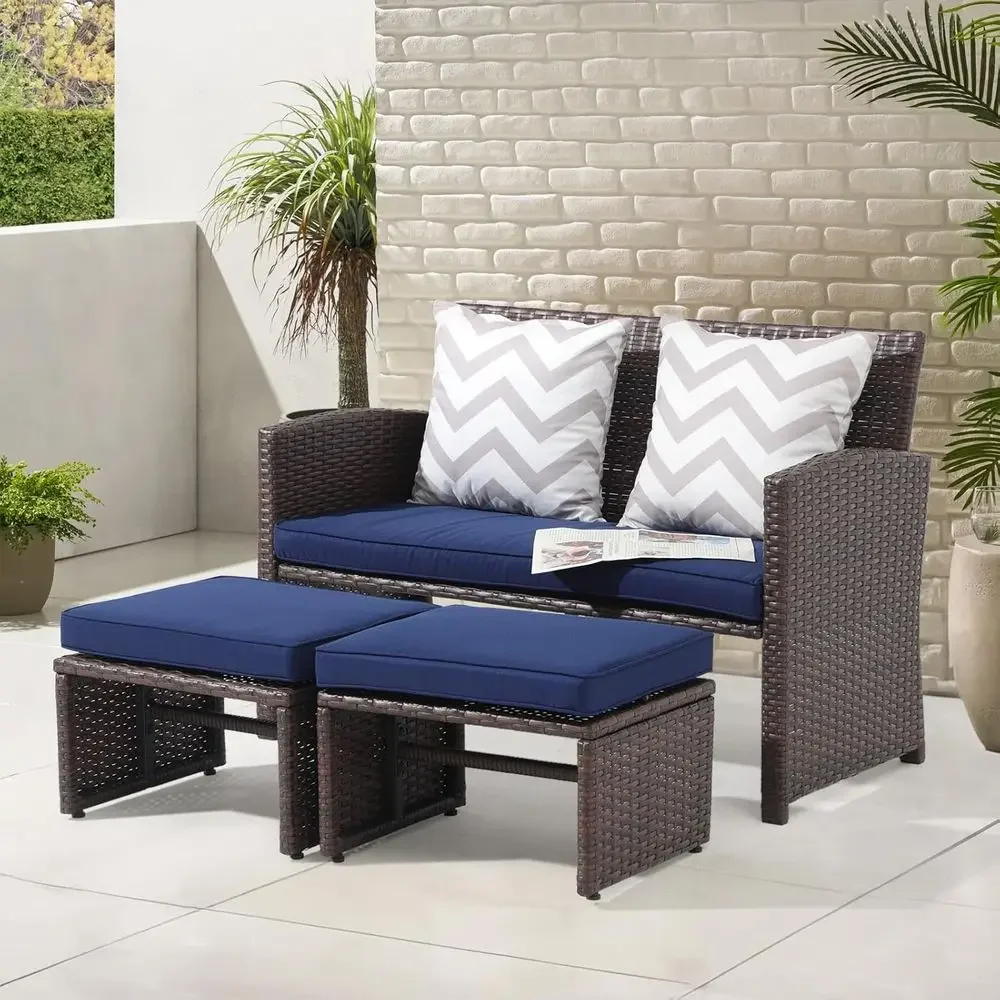 All-Weather Wicker 3-Piece Patio Furniture Set with Loveseat, Ottoman, and Side Table in Brown Rattan and Blue