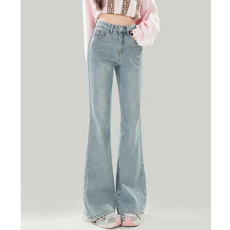 Hot Sale Girls Korean Thin Low Waist Flared Jeans Lady Classic Slim Fit Denim Pants Women Fashion Solid Color Trousers