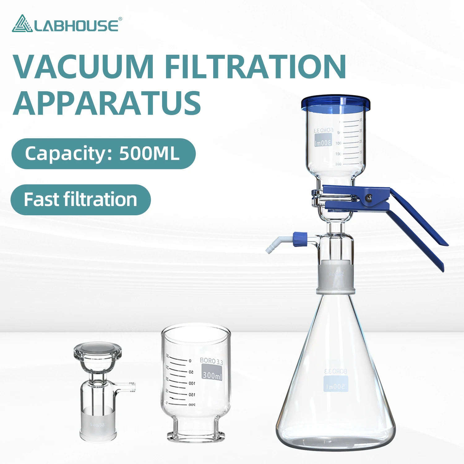 LABHOUSE Lab Vacuum Filtration Apparatus Kit 500 mL Filtering Flask & 300 mL Glass Buchner Funnel