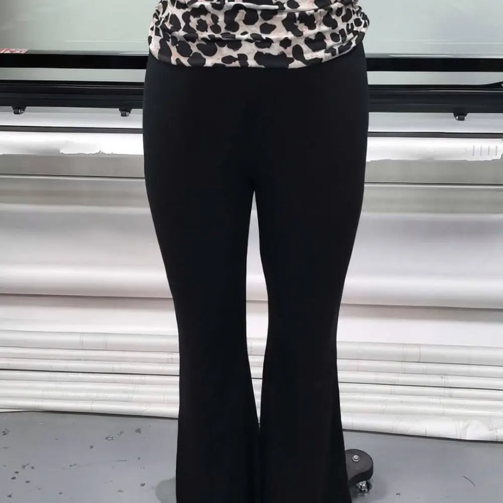 Womens Y2K Flare Pants Low Waist Fold Over Trousers Elastic Slim Fit Casual Bottoms Sexy Bell Bottom Vintage Streetwear