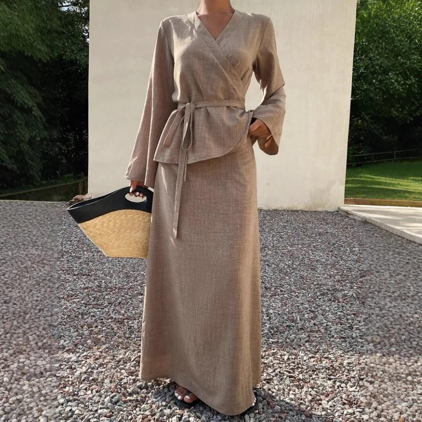 

Женский элегантный наряд, новый женский элегантный однотонный костюм на шнуровке с длинными рукавами и длинной юбкой, комплект из 2 предметов, женский наряд