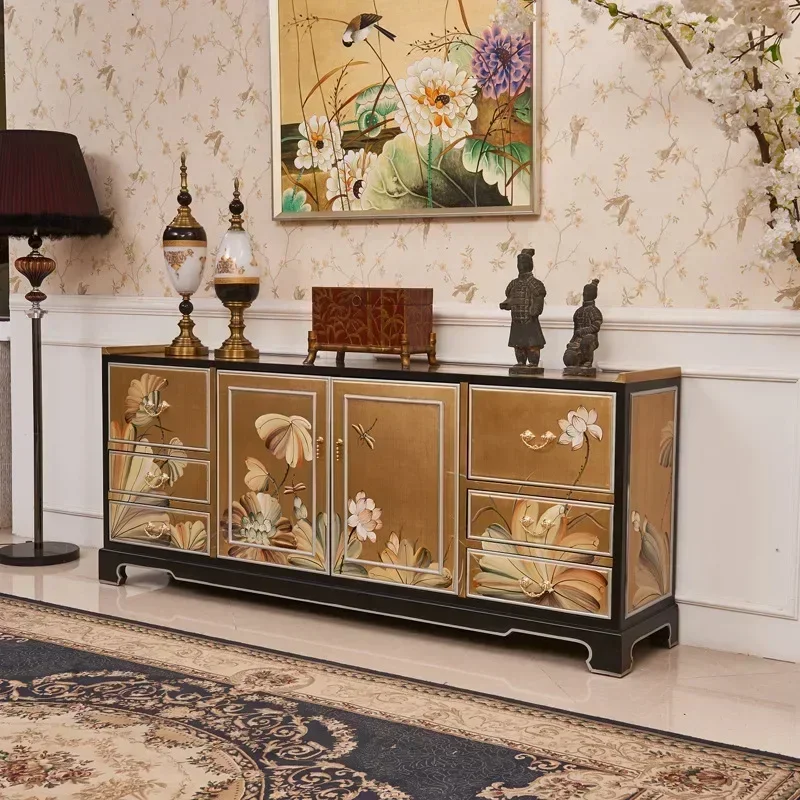 2023 New Designer Furniture New Chinese Model House Living Room Gold Foil Painted Lotus TV Floor Cabinet