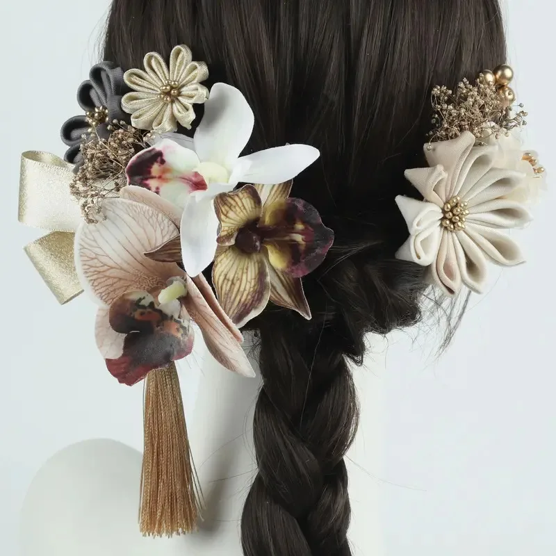 

Japanese Kimono Handmade Fabric Flower Hair Accessories Clip Tassel Headwea Headdress Barrette Party Summer Yukata Festvial Deco