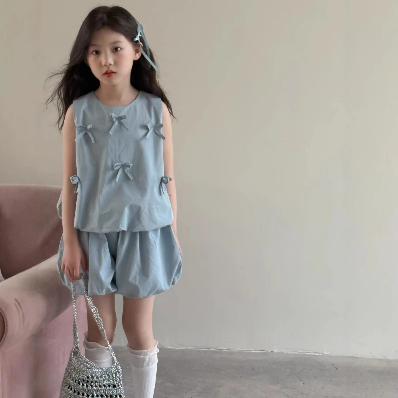 

Girls Summer 2025 New Bow Fashion Camisole Niche Design Sense Flower Bud Pants Two-Piece Set