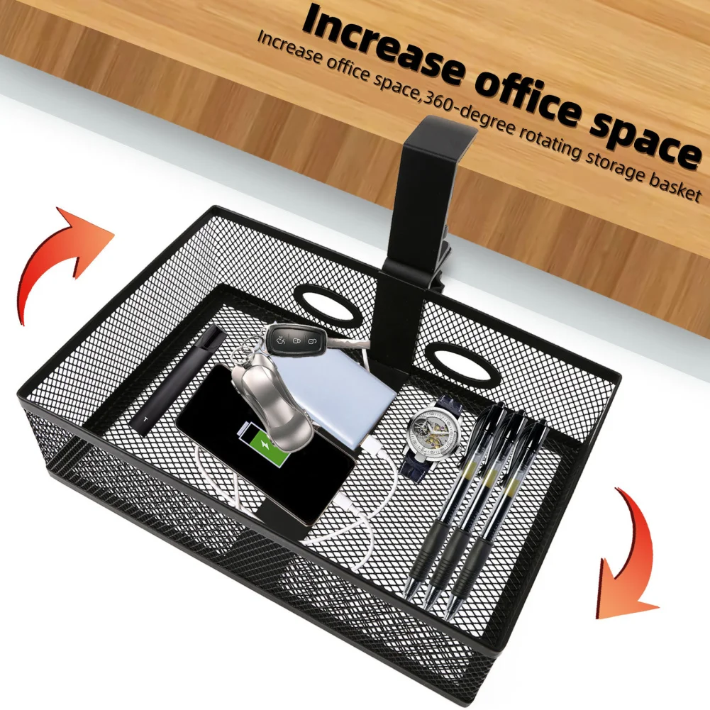 Under Desk Drawer 360 Degree Rotation Under Desk Storage Box Clamp-on Hidden Desk Organizer Metal Mesh Swivel Storage Organizer