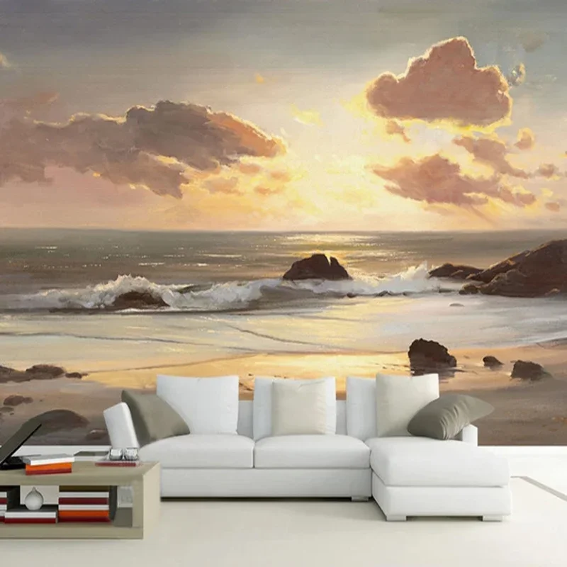 

Custom Mura Wallpaper 3D Sea Sunrise Sunset Beach Waves Nature Landscape Wall Painting Living Room TV Bedroom Papel De Parede 3D