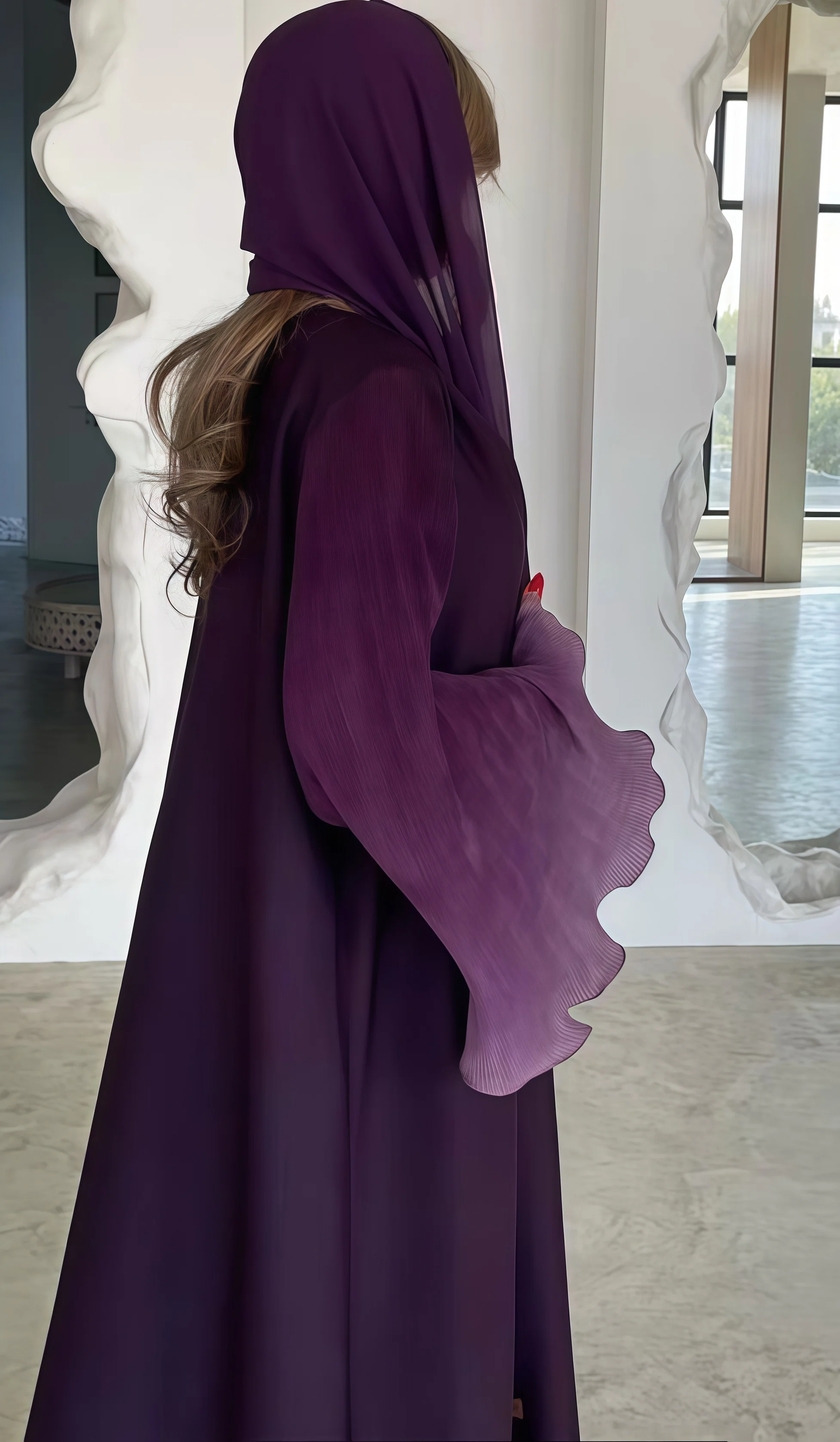 Faltbare Damen-Plissee-Abaya mit Schal – Olivgrüne Wellenmanschette, Bescheidenes Kleid-Set im Nahost-Stil, Neuheit 2025 – Modische Kleidung – Detail 12