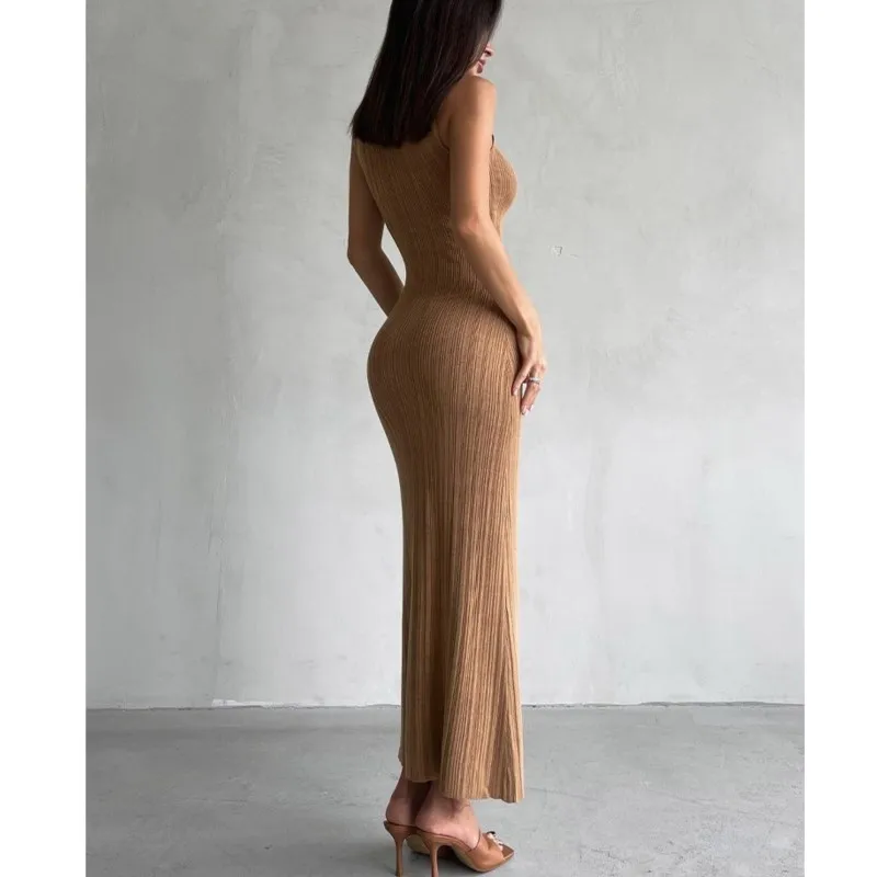 فستان محبوك برقبة عالية بدون أكمام ضيق لفصل الربيع والصيف فساتين فرنسية أنيقة للنساء #6