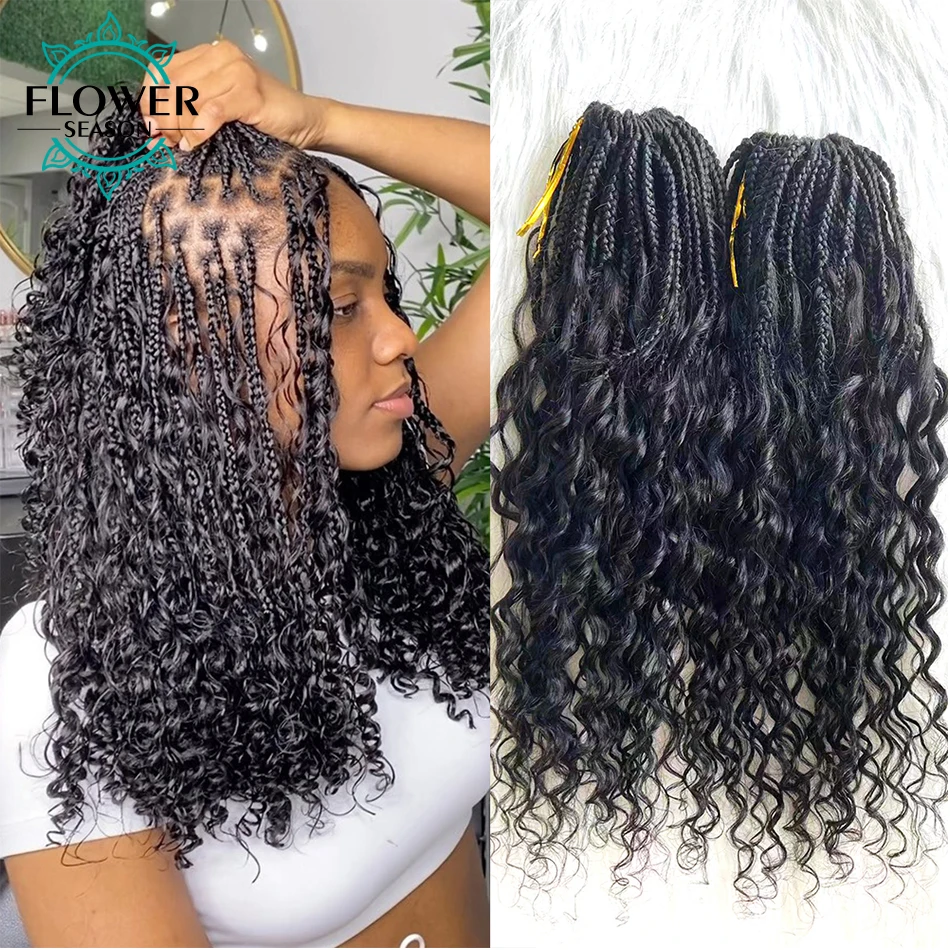 Boho Box Braids Hair with curls Ends Crochet Braids Human Hair Extension Pre-looped Synthetic Braids with Human Hair Curly End