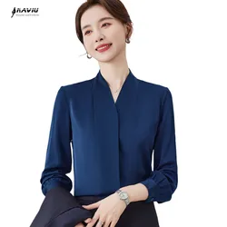 NAVIU Navy Blue Shirt Women New Temperament V Neck Formal Long Sleeve Casual Loose Blouses White Black Office Ladies Work Tops