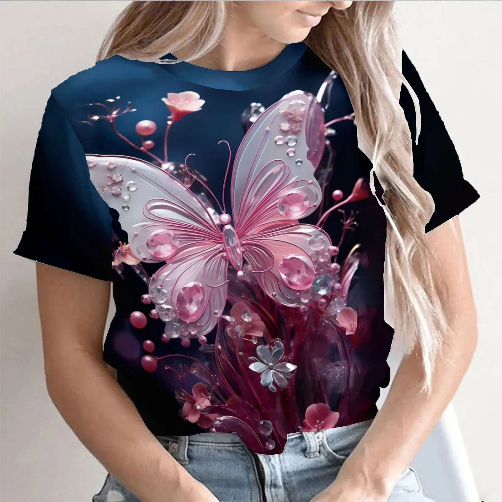 

Summer Women T-Shirt 3d Butterfly Print O-Neck Casual Ladies Gradient Tee Female Top Harajuku Girls Short Sleeve Fashion Clothes