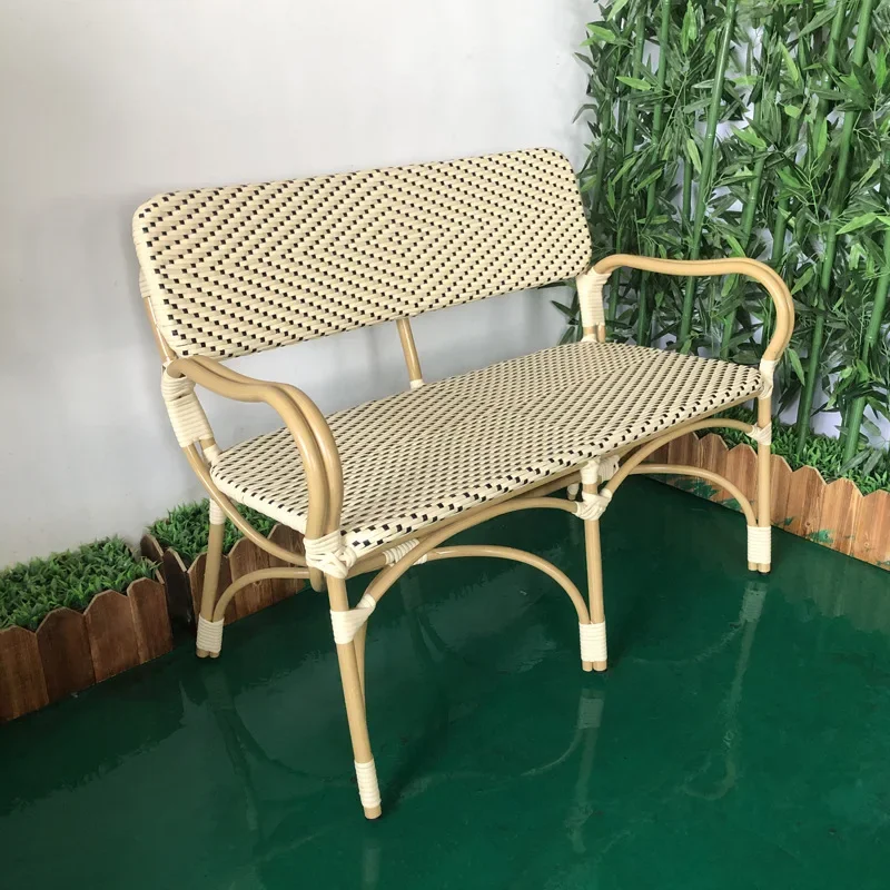 Aluminum tube imitation wood grain rattan bench, imitation bamboo casual armrest back chair, outdoor rattan chair 5 in a group