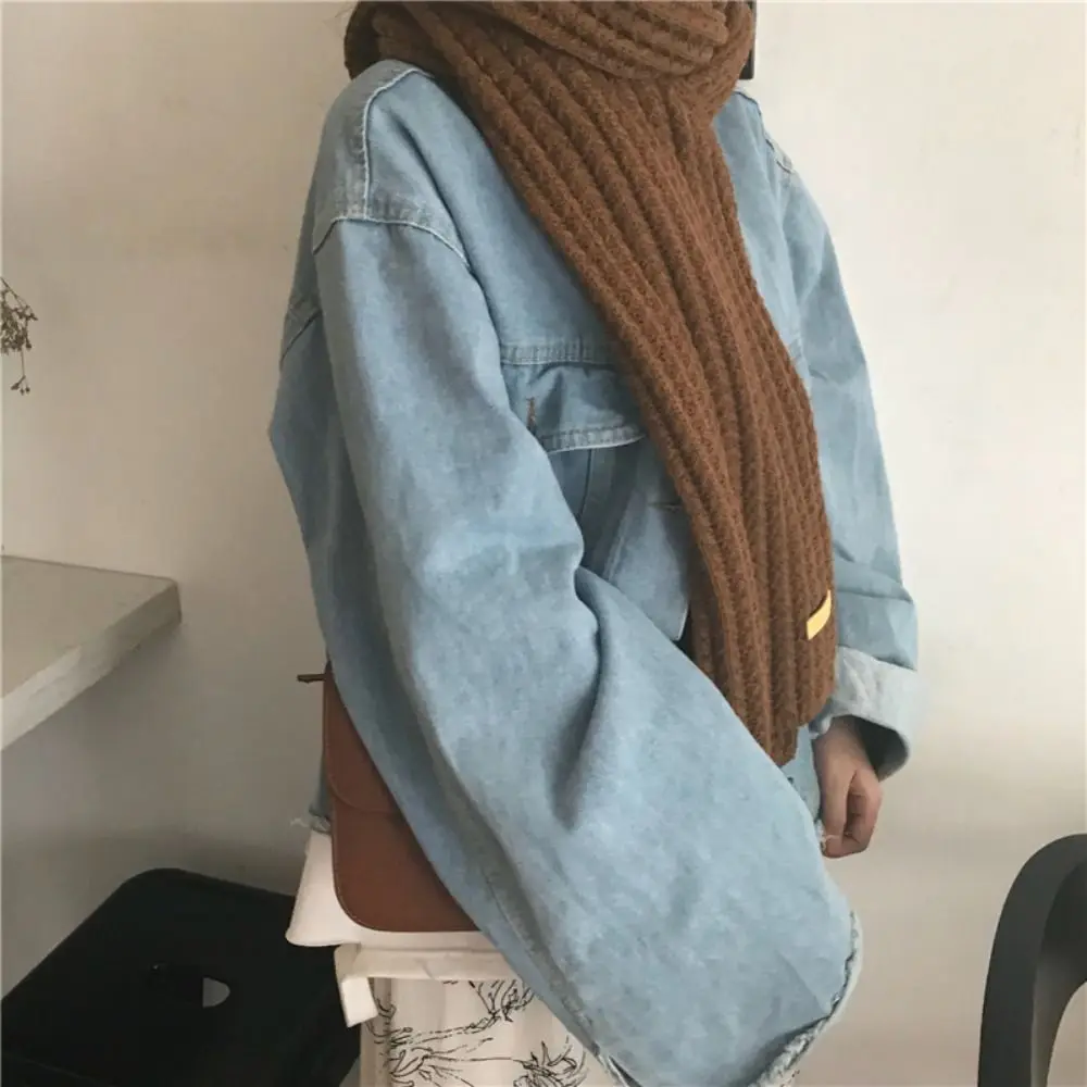 Solid Color Thickened Knitted Scarf Winter Warm Vintage Women Scarf Wraps Outdoor Long Scarves Male and Female