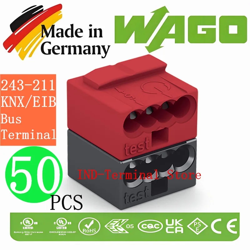 50PCS conector Wagos connectors 243-211 Original 4 Line Red and black KNX/EIB bus connectors European style Spring insulation
