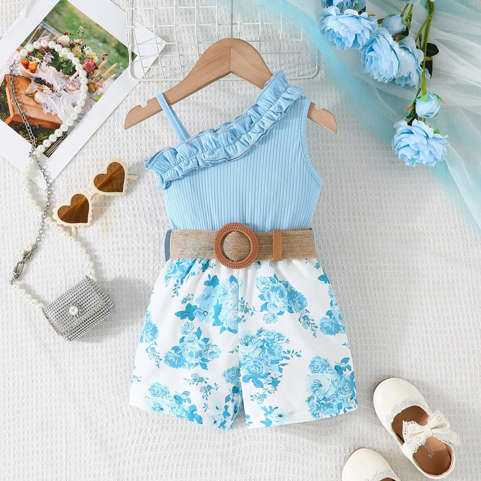 0-4Y Lovely Kids Girls Jumpsuit One Shoulder Sleeveless Ruffled Flower Print Playsuits Clothes Belted Overalls Shorts Jumpsuits