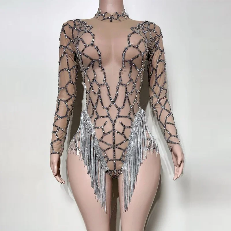 

Боди с бриллиантами, Хэллоуин, косплей, рейв-наряды, сексуальный сетчатый купальник со стразами и бахромой, женский костюм Gogo Pole Dance Drag Queen