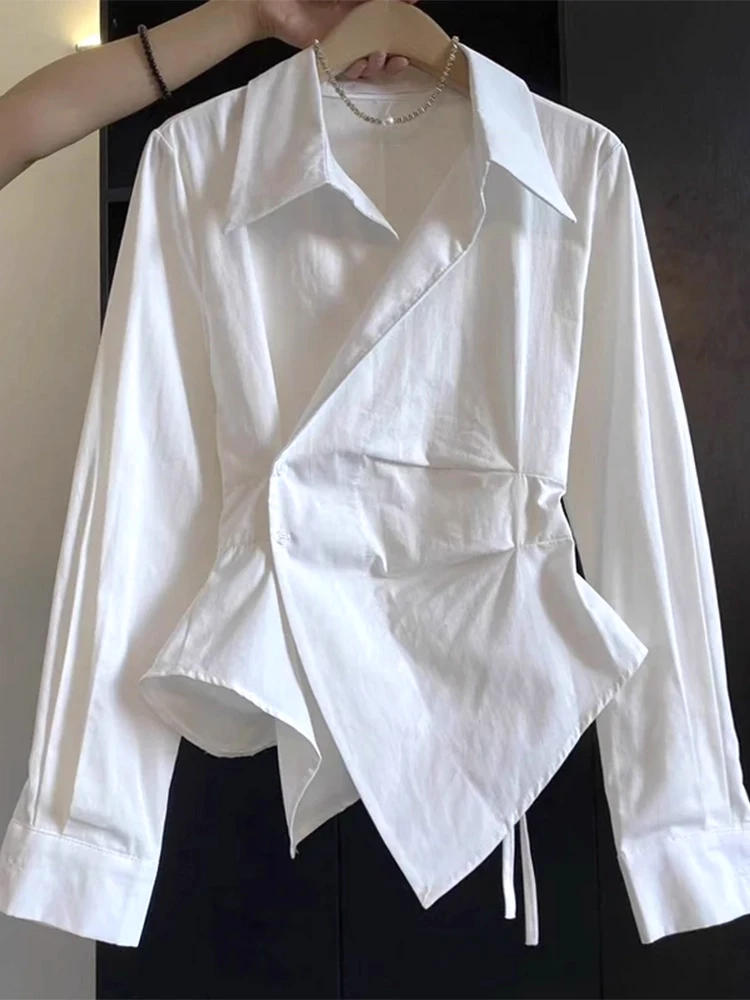 أبيض طويل Sve irt للنساء، تصميم غير متماثل لشد الخصر، النسخة الكورية، مقاس نحيف irt #1