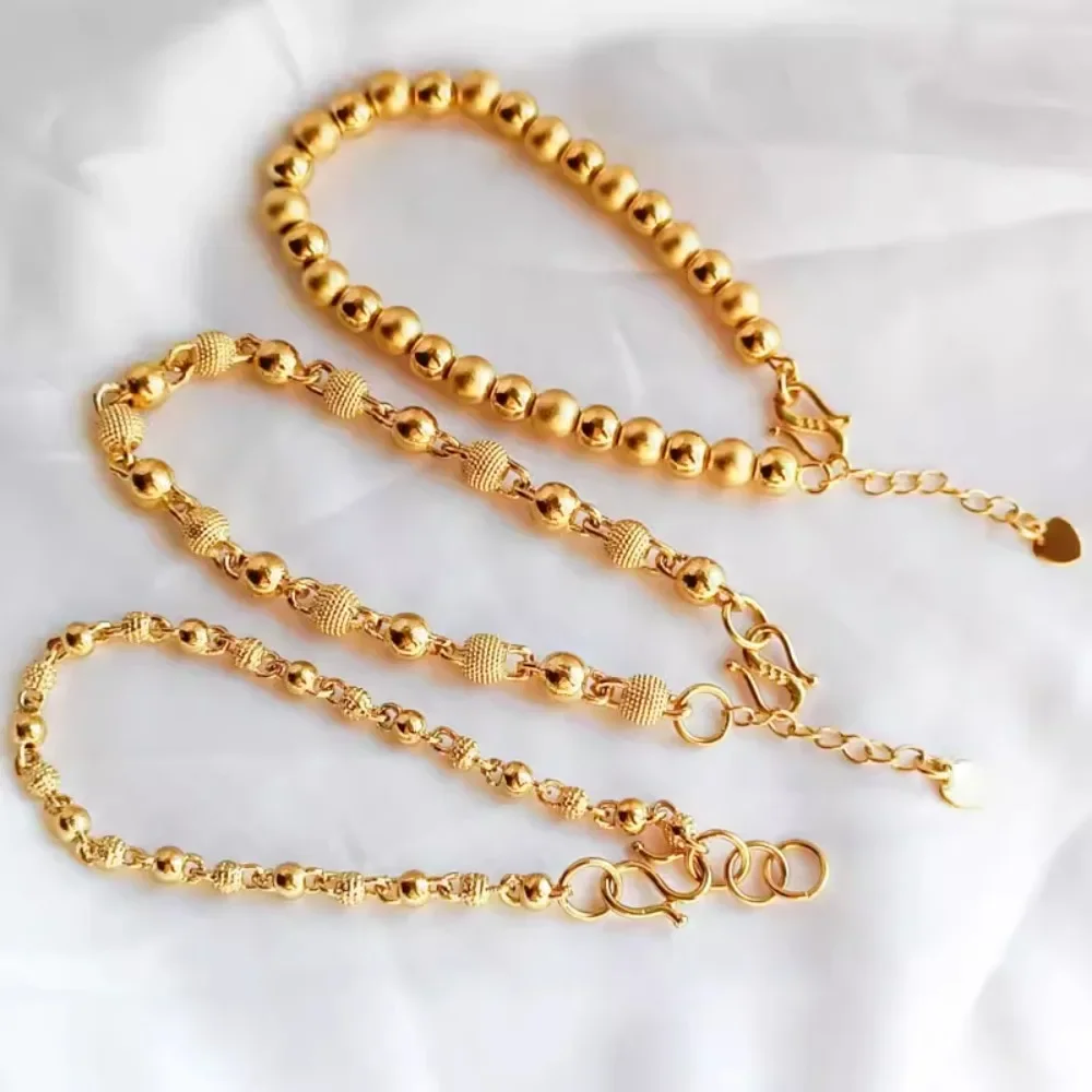 

18K Gold-plated Round Beads with A Matte Finish, Connecting Bracelet, Bracelet Band, S-buckle, and Extension Chain Accessory