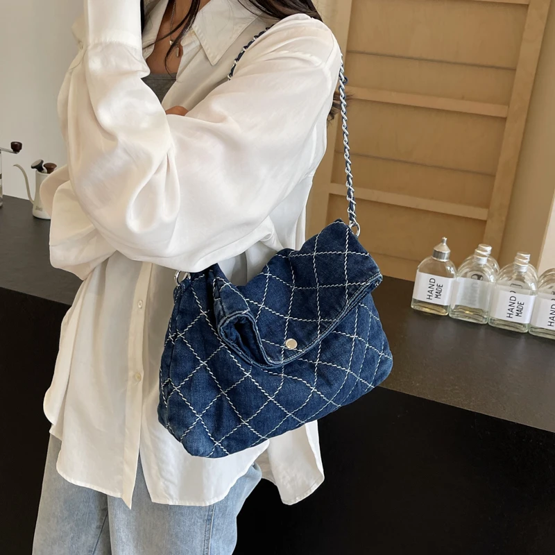 

2024 New Women Bag Vintage Denim Shoulder Bag Korean Style Drawstring Bucket Bag Large Capacity Shopper Underarm Handbag Tote