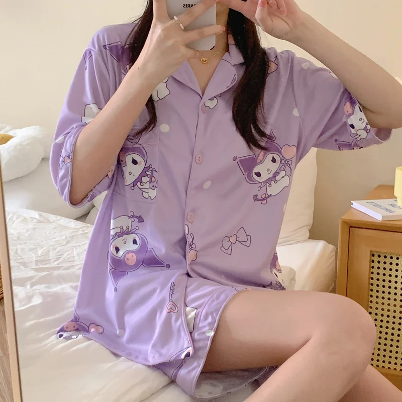 Kawaii Sanrio Kuromi Pajamas Short Sleeved Shorts Trousers Three Piece Set Comfortable Home Clothing A Holiday Gift for Girls