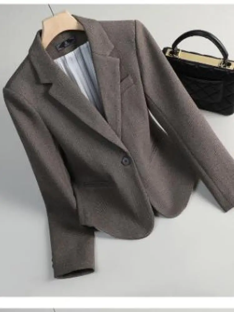 

Korean Version Women Grey Elegant Asymmetric Woolen Blazer Coat Autumn Winter Brown Single Button Long Sleeve Short Jacket Trend
