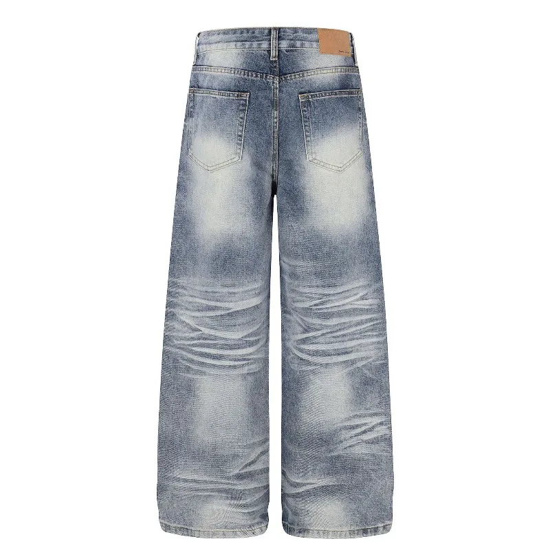 Men Vintage Washed Baggy Wide Leg Jeans Cat Whisker Fade High Street Oversized Loose Denim Pants Unisex Streetwear Trousers